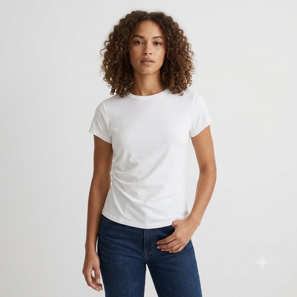 Madewell Top Womens XS White Asymmetric Ruched Tee Allday Jersey Crewneck NZ390
